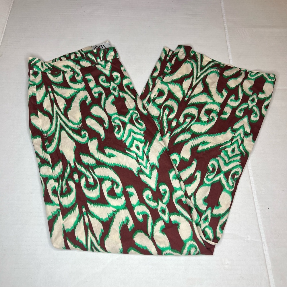 New Zara Selena Cotton Tropical Wide Flare Pant Midrise Green Brown Boho Large - Picture 4 of 10